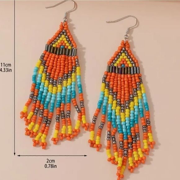 Native American-Style Beaded Tassel Fashion Earrings Orange - Picture 6 of 10